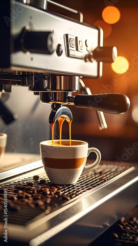 Espresso pouring with coffee machine, and cafe.