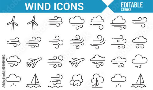 Minimalist Wind Icons Set Representing Wind Gusts, Airplanes, and Clouds