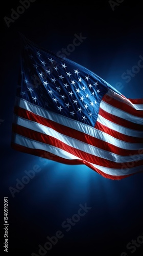 American flag waving in dark blue light