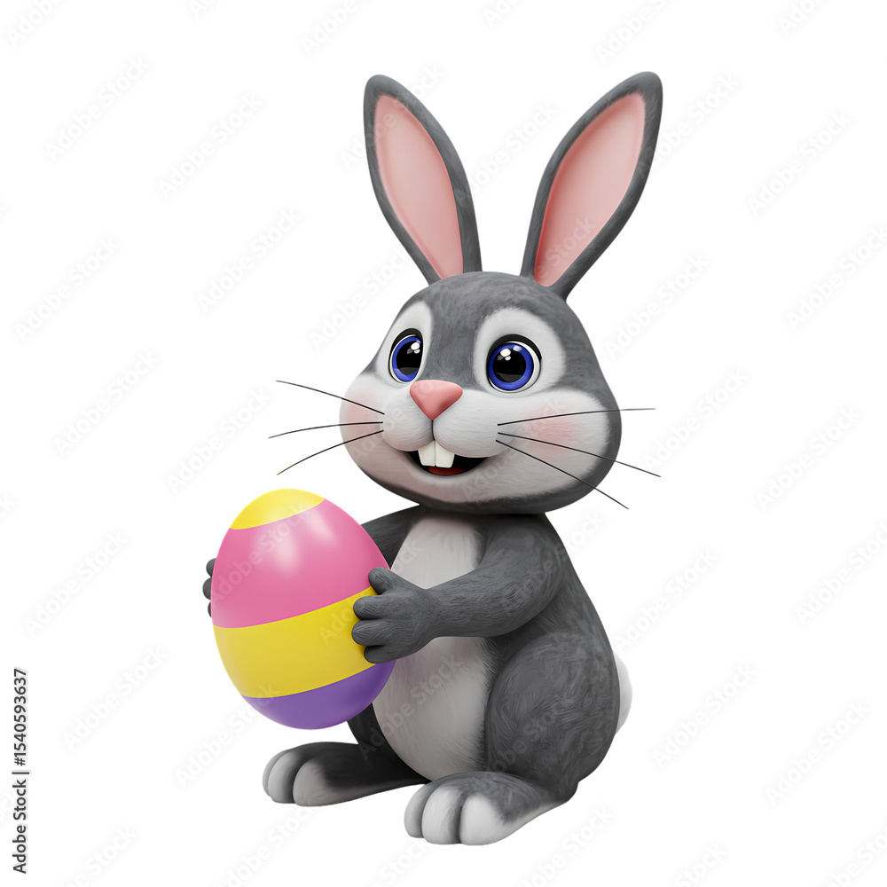 Obraz premium A Charming Grey Easter Bunny Gently Holding a PastelColored Egg A Festive Springtime Illustration isolated on transparent bacckground