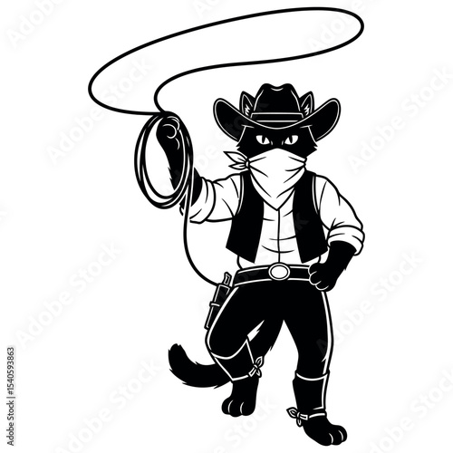 Cowboy Cat Swinging a Lasso Dynamic Western Cartoon