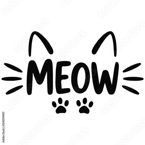 meow lettering with cat ears and whiskers isolated vector illustration on white background