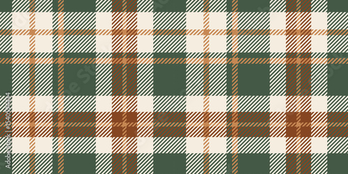 A seamless tartan plaid pattern in green, white, and brown tones. Ideal for textile design, fashion, home decor, and creative projects with a rustic and classic appeal.