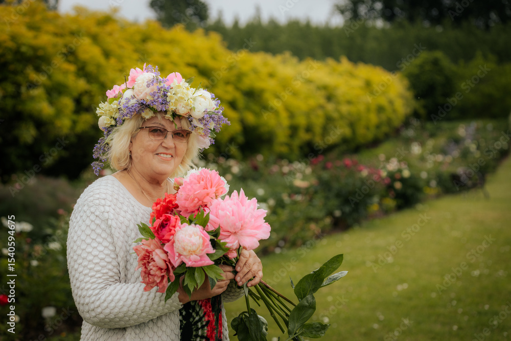 Elderly woman smiling in a garden, wearing a colorful floral crown and holding a vibrant bouquet of peonies and other flowers. Elderly woman smiling in a garden, wearing a colorful floral crown and holding a vibrant bouquet of peonies and other flowers.