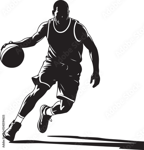 Black Silhouette Vector of a Street Basketball Player Dribbling One-Handed, Leaning Forward—Urban Style, Bold Flat Design on White Background