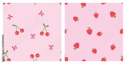Seamless patterns of cherry with green leaves, strawberries  and ribbon bows on pink backgrounds vector. Cute fruit prints. 