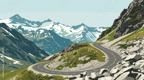 Vector illustration of the Stelvio Pass in the Italian Alps, showing a winding mountain road, rocky cliffs and snow-capped peaks under a clear sky
