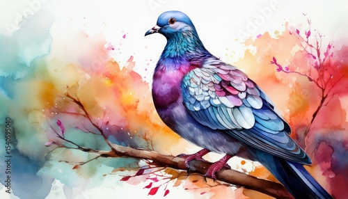 watercolor colorful pigeon on branch