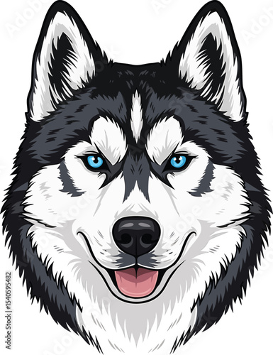 Siberian Husky Dog Head Black White Blue Eyes Illustration