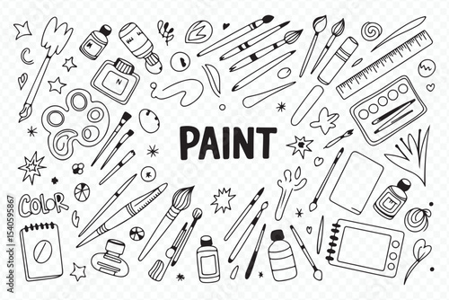 Paint Doodle Set with Brushes Palettes and Art Supplies Vector