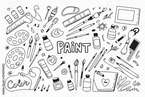Creative Paint Doodle Set with Brushes and Art Tools Vector