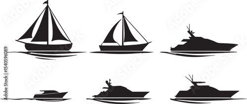 Set of Luxury Boat and Sailboat Silhouettes – Vector Illustration