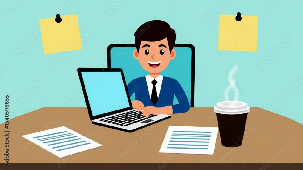 Animated Businessman Working on Laptop with Coffee and Sticky Notes, Cartoon Style Animated Businessman Working on Laptop with Coffee and Sticky Notes, Cartoon Style