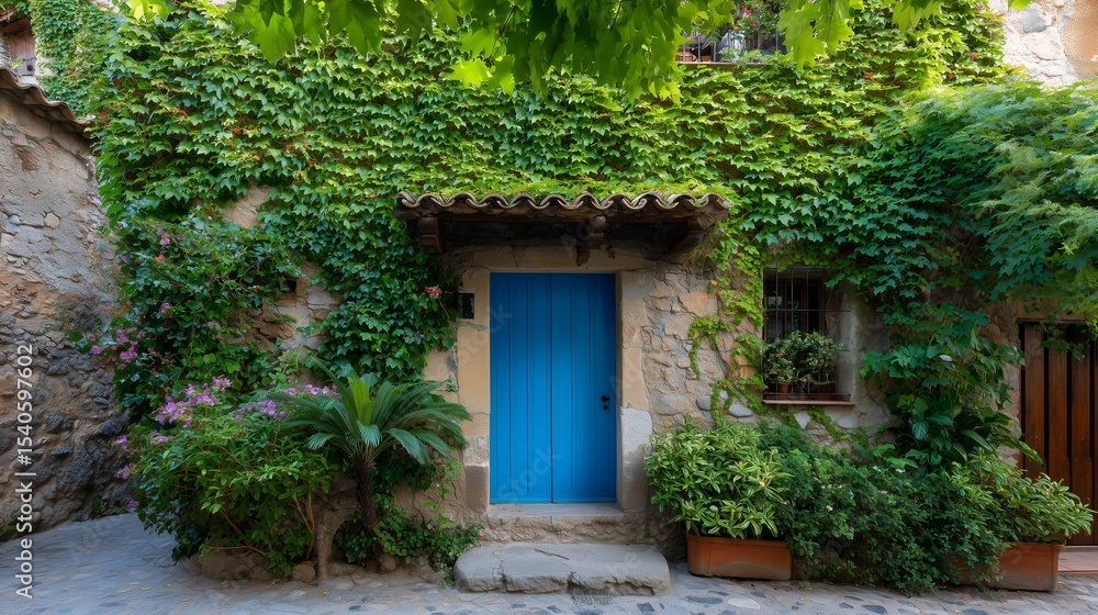 Quaint blue door surrounded by lush greenery in a tranquil village setting during the day Quaint blue door surrounded by lush greenery in a tranquil village setting during the day