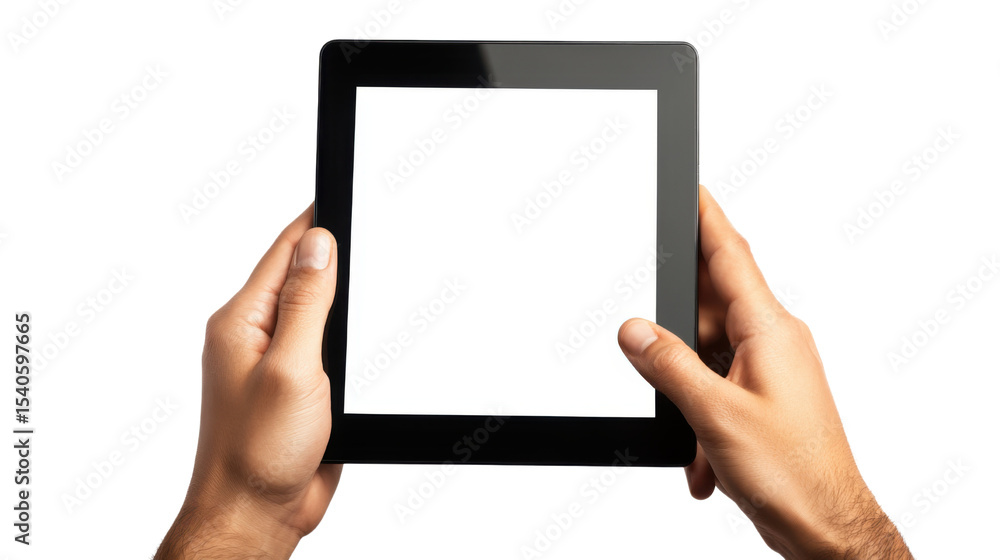 Hands using black tablet on white background Hands using black tablet on white background