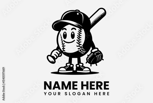 A smiling baseball character, wearing a cap and holding a bat and glove, ready to play.