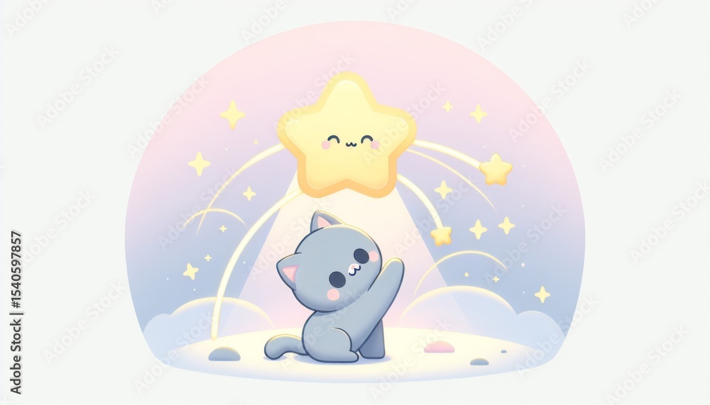 Fototapeta premium Cute Grey Kitten Reaching for a Sparkling Yellow Star in a Pastel Dreamy Nightscape