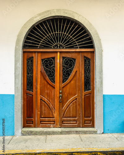 elegant, antique wooden door in a stone wall