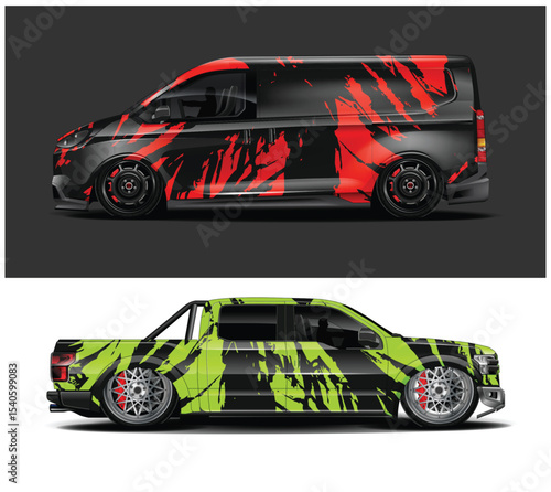 Custom Van and Truck Designs with Abstract Red and Green Wraps