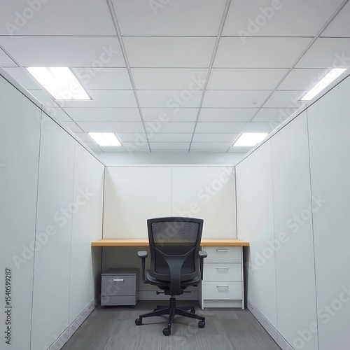 Empty office cubicle with a chair and desk inside the workspace