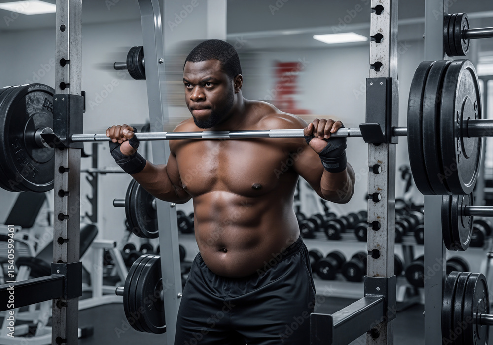Focused young overweight adult man lifting weights in modern gym for strength training Focused young overweight adult man lifting weights in modern gym for strength training