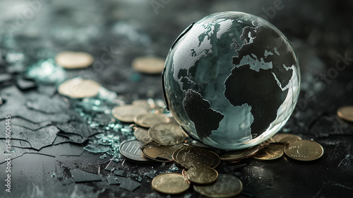 crystal clear glass globe and coins scattered around, economy and global business concept.