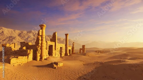 Ancient ruins stand under a golden sunset in a vast desert landscape with mountains in the distance