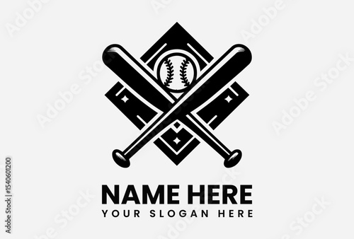 A black and white baseball logo featuring crossed bats, a ball, and diamond shape.