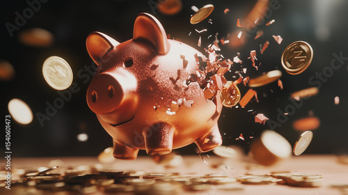 broken piggy bank and coins scattered around, Ecomony crisis concept.