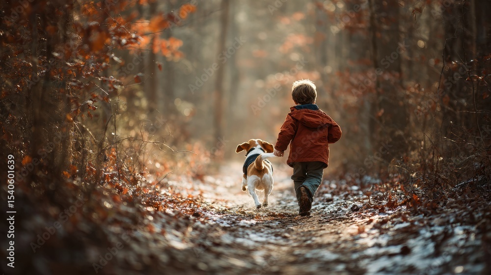 Fototapeta premium Child and Dog Walking in Autumn Forest Trail