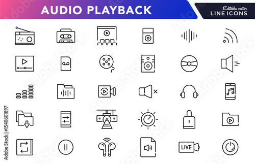 Audio playback linear icon set. Sound, multimedia, volume, Media Control, video, microphone, Music, voice, media and player outline vector icon set. UI thin line icon pack.