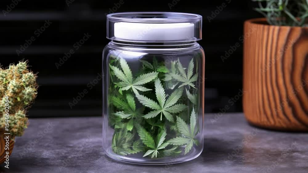 Clear glass jar filled with fresh cannabis leaves Clear glass jar filled with fresh cannabis leaves