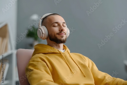 a man using guided meditation headphones in a peaceful setting