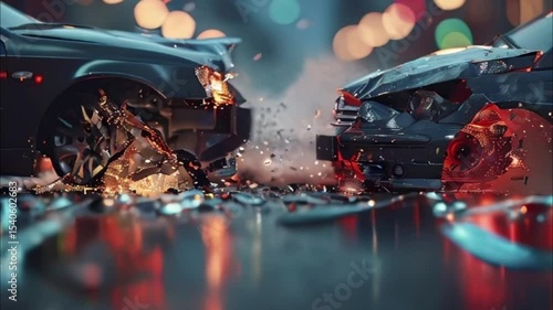 Collision of vehicles involved in major accident on city road with major damage, abstract vivid composition consists of fictional unreal fantastic vision on background