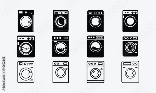 Washing Machine Icon Set,  Modern Laundry Appliance Vector Collection