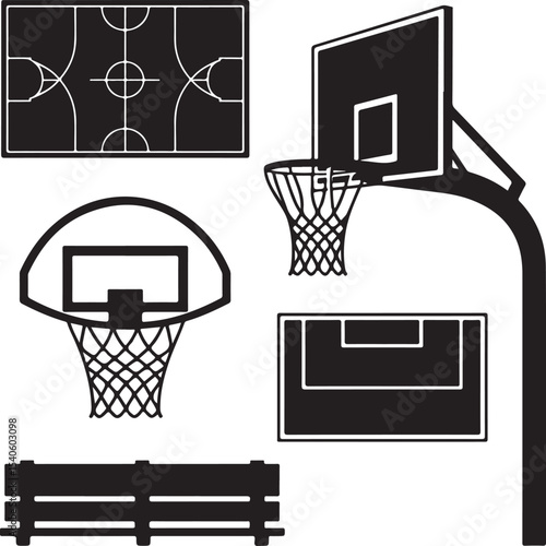 Set of 8 Black Silhouette Vector Elements of a Basketball Court Full Court Layout, Half Court, Hoop with Backboard, Net, 3-Point Arc, Center Circle, Bench, and Scoreboard