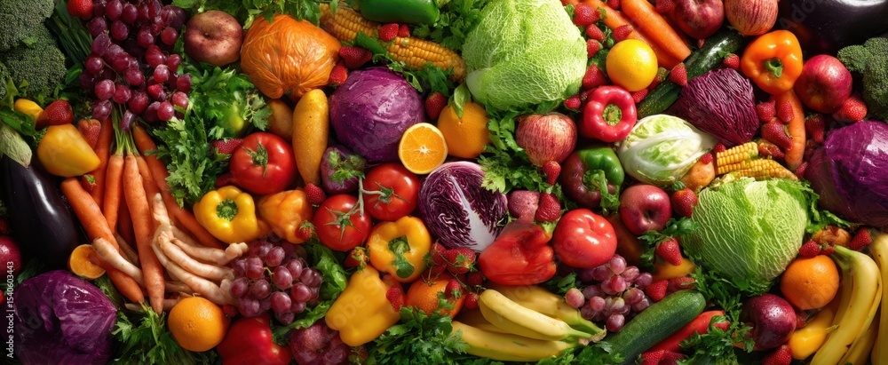 The vibrant display of fresh fruits and vegetables on a wooden table. The vibrant display of fresh fruits and vegetables on a wooden table.