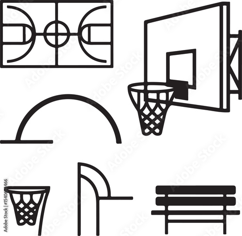Set of 8 Black Silhouette Vector Elements of a Basketball Court Full Court Layout, Half Court, Hoop with Backboard, Net, 3-Point Arc, Center Circle, Bench, and Scoreboard