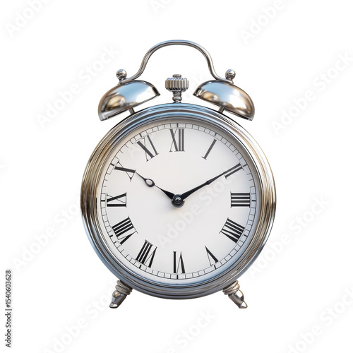 Silver Vintage Alarm Clock Timekeeping Classic Design Roman Numerals on transparent background