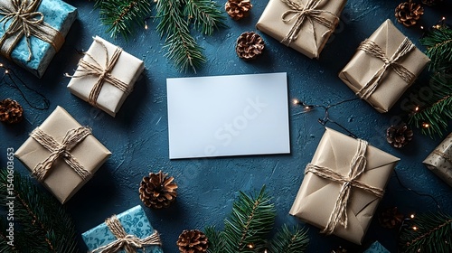 Blank holiday gift card on festive table with wrapped presents