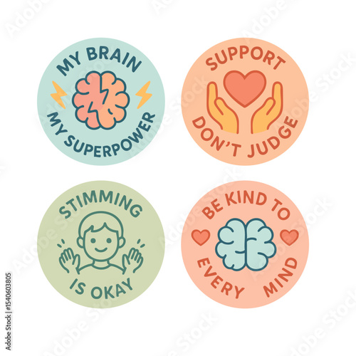 Neurodiversity Awareness Badges – Flat Vector Set of Empowering Phrases and Icons for SEL and Mental Health