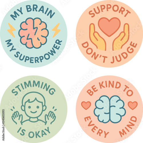 Neurodiversity Awareness Badges – Flat Vector Set of Empowering Phrases and Icons for SEL and Mental Health