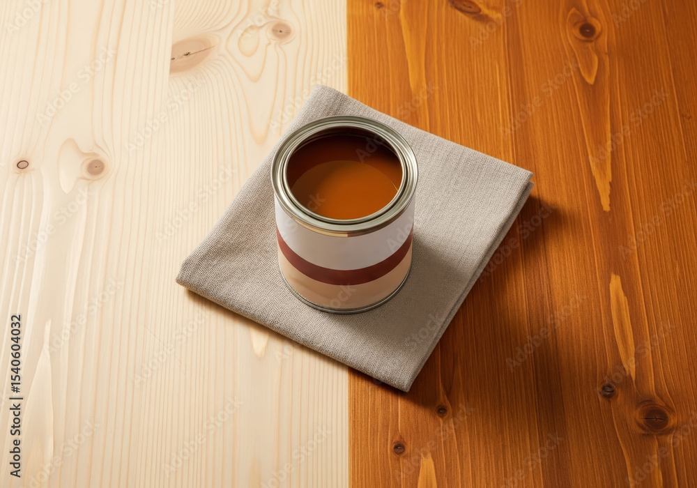 Obraz premium Wood stain transformation: half finished pine table with open paint can on cloth
