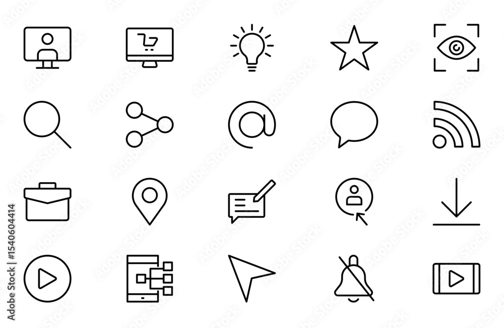 Fototapeta premium Social media line icon set. Post, like, video, media, chat, people, communication, business, and promote outline icon collection