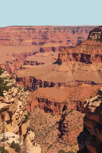 Vector illustration of the Grand Canyon in Arizona, USA, showing layered red rock formations, steep cliffs and the Colorado River under a blue sky