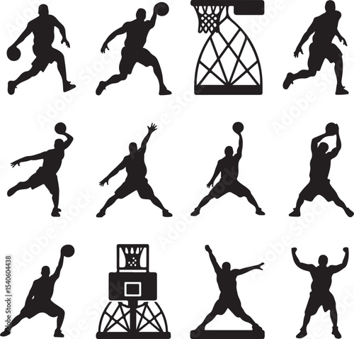 Set of Black Basketball Player Silhouettes on White Background Dribbling, Shooting, Dunking, Passing, Defending, Layup, Jump Shot, Slam Dunk, Blocking, and Clean Vector Design, Flat Sports Icon