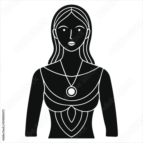 ( pendants)Elegant Woman Vector Silhouette with Pendant Necklace/A stylized, black and white silhouette of a woman wearing a decorative necklace with a pendant.