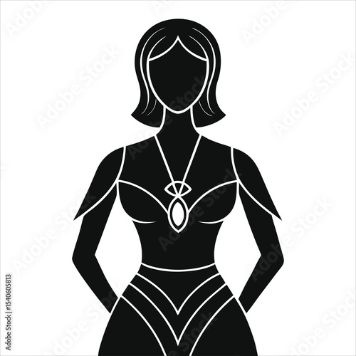 (pendants)Elegant Female Vector Silhouette in Formal Attire with Ornate Jewelry/A stylized, black silhouette of a woman in elegant formal attire.