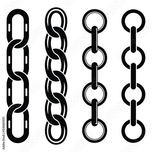 Four Black Chain Link Variations Isolated on White Background Different Styles and Designs