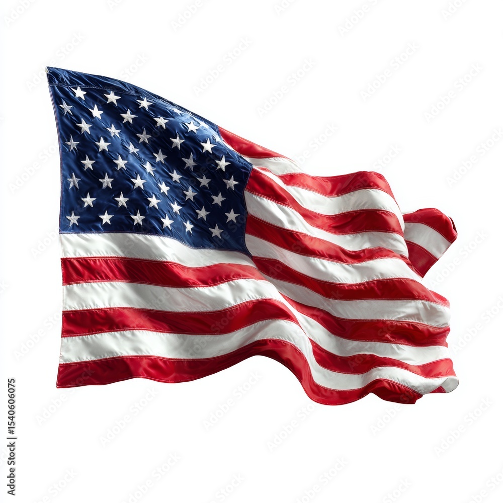 Obraz premium A majestic American flag waving proudly in the breeze. The flag's colors and stars are vibrant against the sky, evoking feelings of patriotism and national pride.
